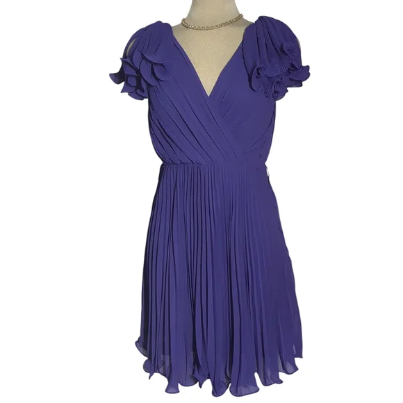 Pearl  Georgina Chapman Royal V-Neck Pleadd Purple Midi Dress Size 6 - Picture 10 of 16